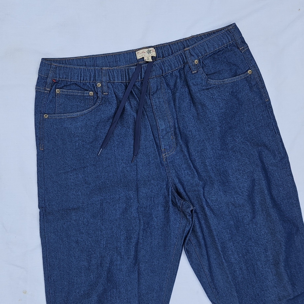 Turtle Bay New York Denim Cropped Pants  Blue Elastic Waist Drawstring Casual